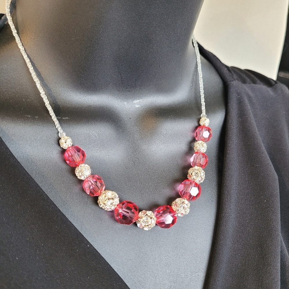 Vintage Yolanda necklace pink Swarovski crystal clear rhinestone sparkling beads